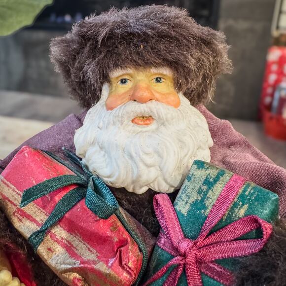 Vintage Old World Santa in Brown Faux Fur & Plum Clothtique-Like Hat & Cape 10"H - Picture 7 of 8